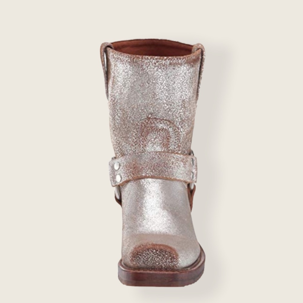 Festival Frye Harness 8G Glitter Silver Tan Pull On Metallic Cowboy Short Boot - Picture 2 of 15
